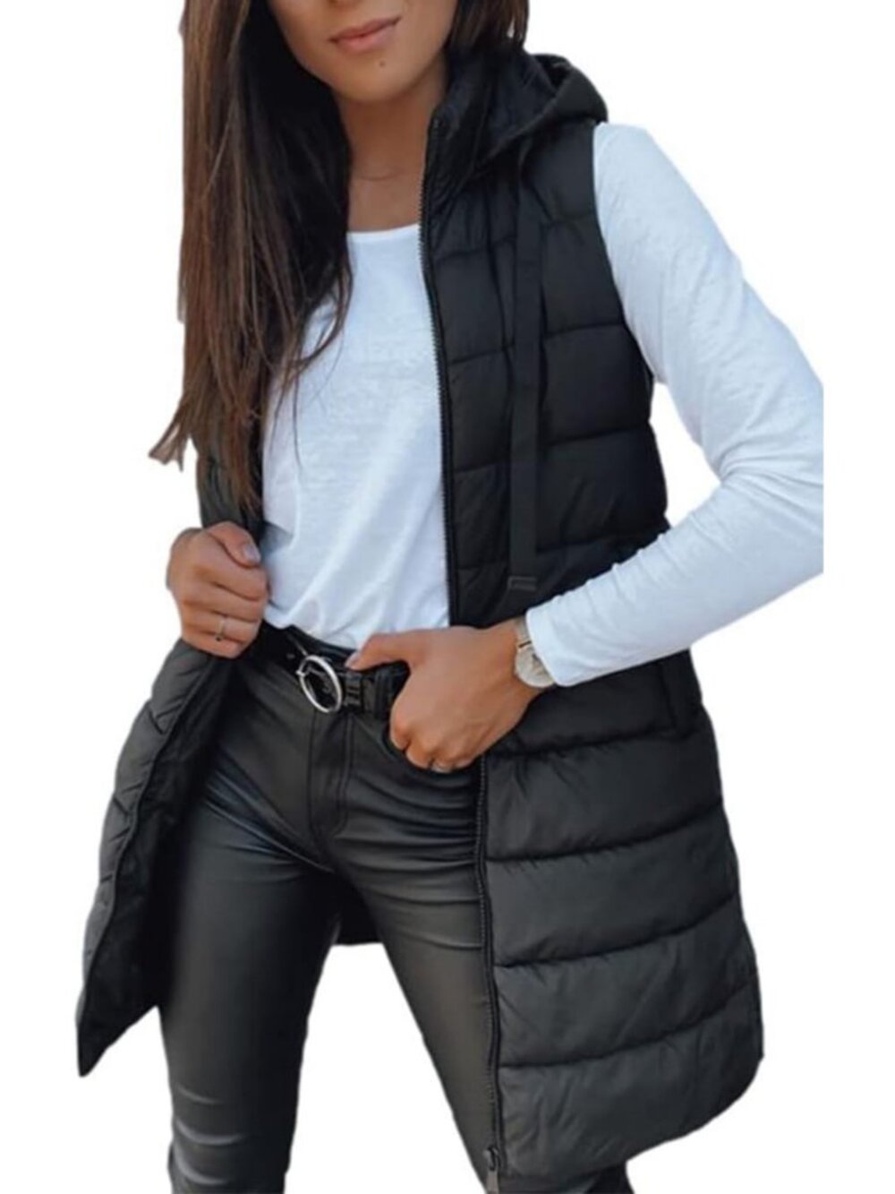 Cozy Long Sleeveless Hooded Winter Puffer Vest for Women - Stylish Outerwear